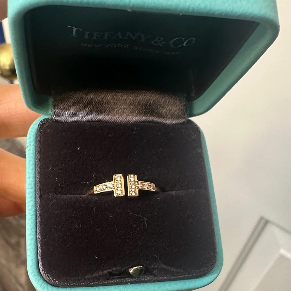 Tiffany & Co. Gold T-Style Diamond Accent Ring with Turquoise Box - Picture 1 of 8
